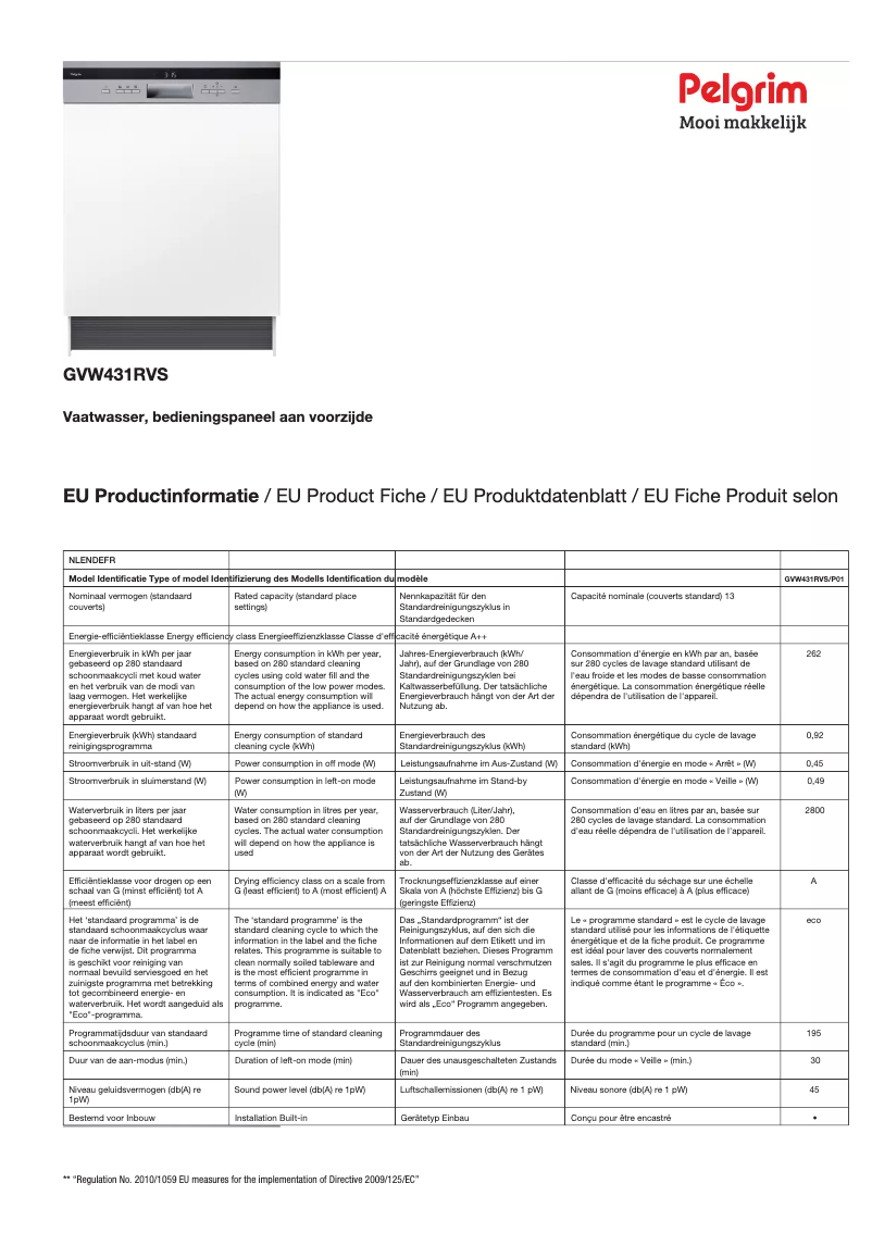 Page 1 of the manual Technical Sheet Pelgrim GVW431RVS