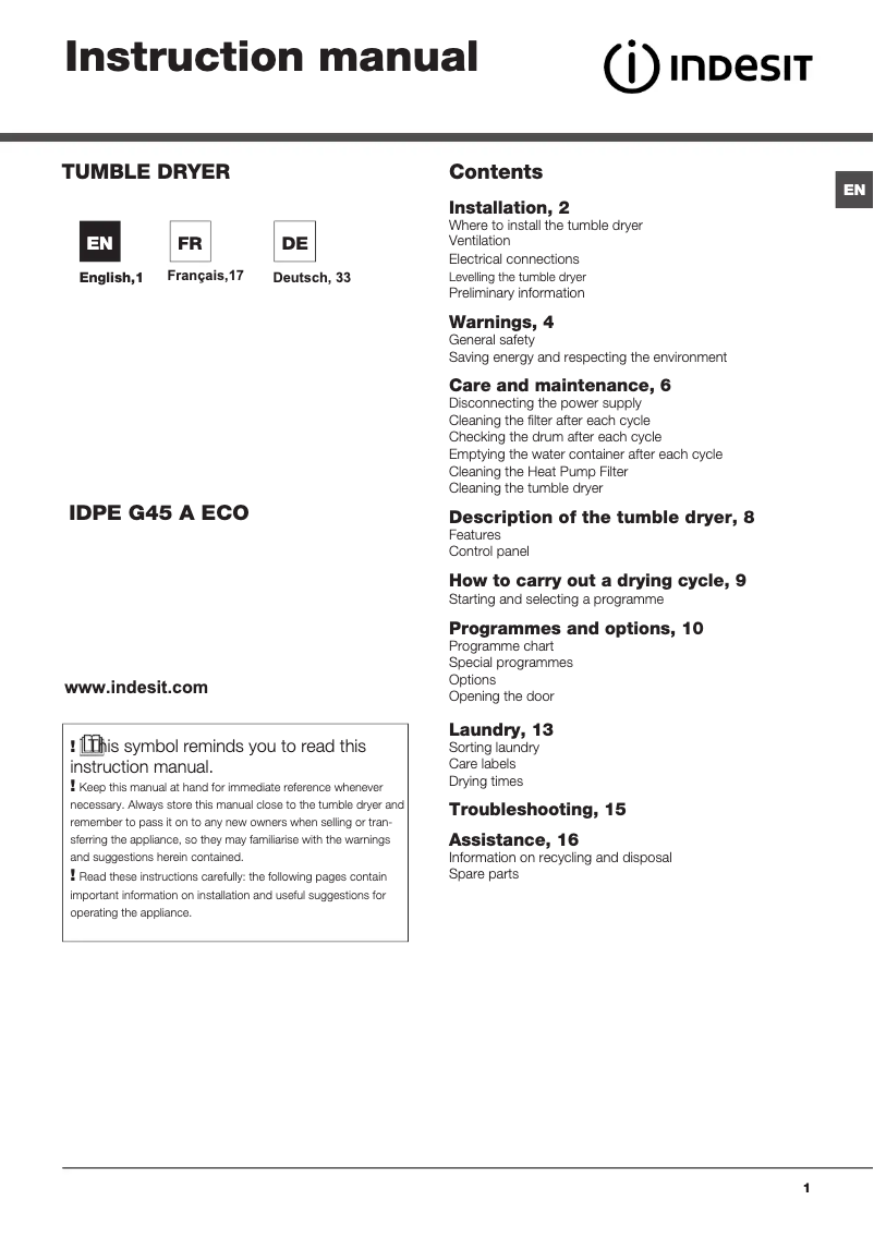 Page 1 de la notice Manuel utilisateur Indesit IDPE G45 A ECO