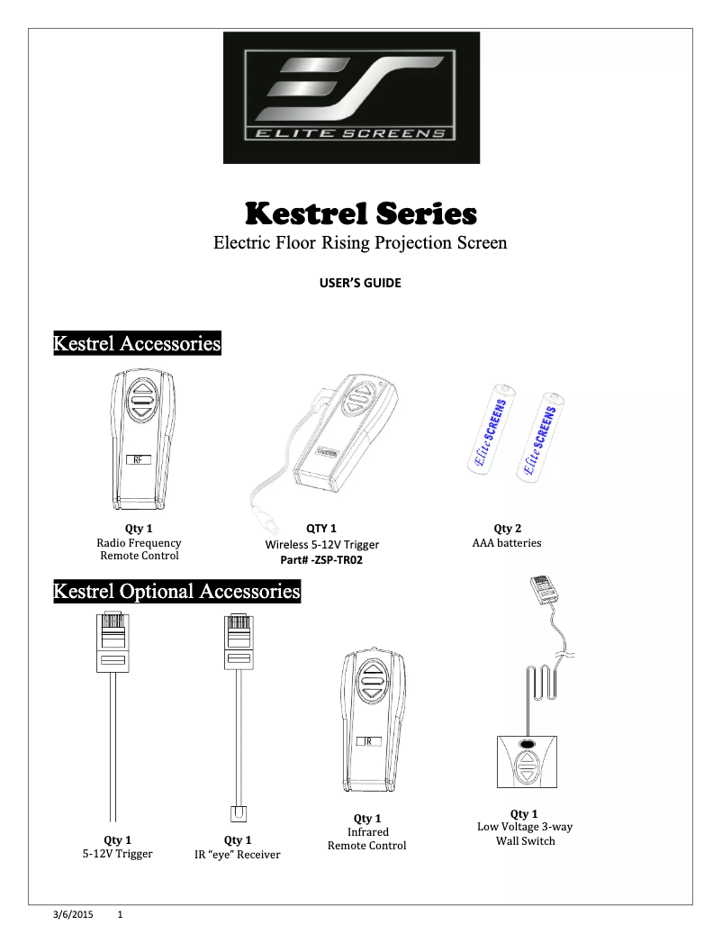 Page n°1 - Manuel utilisateur Elite Screens Kestrel FE85C