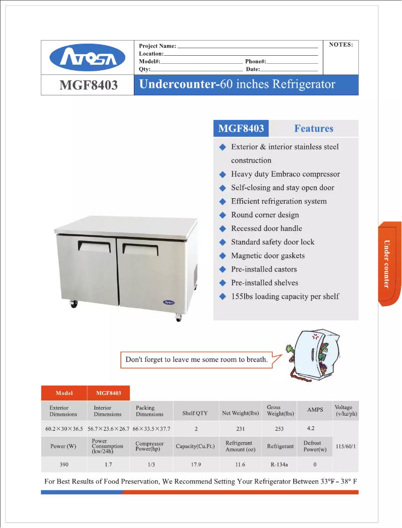 Page n°1 - Manuel d'utilisation et d'entretien Atosa Commercial MGF8403