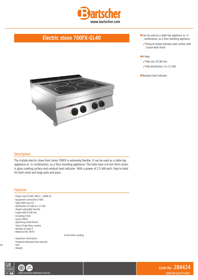 Page 1 de la notice Fiche technique Bartscher 700FX-GL40