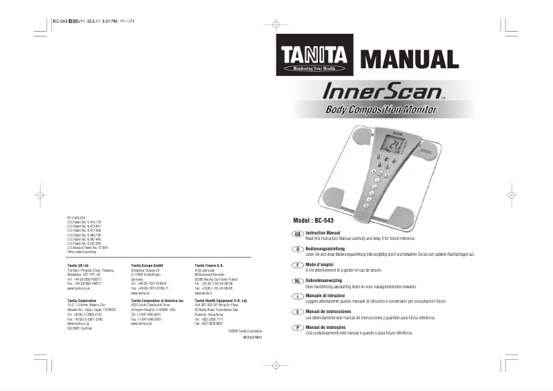 Page 1 de la notice Manuel utilisateur Tanita BC-543