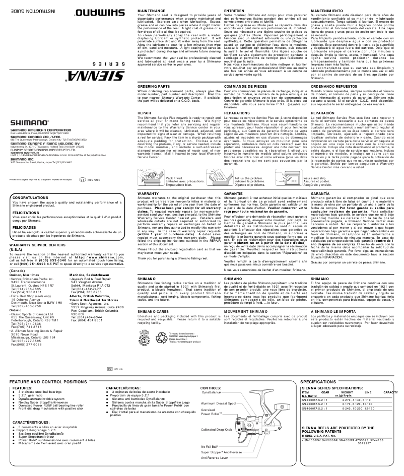 Page n°1 - Manuel utilisateur Shimano Sienna 2000FA