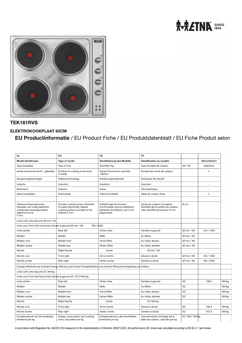 Page 1 de la notice Fiche technique Etna TEK161RVS