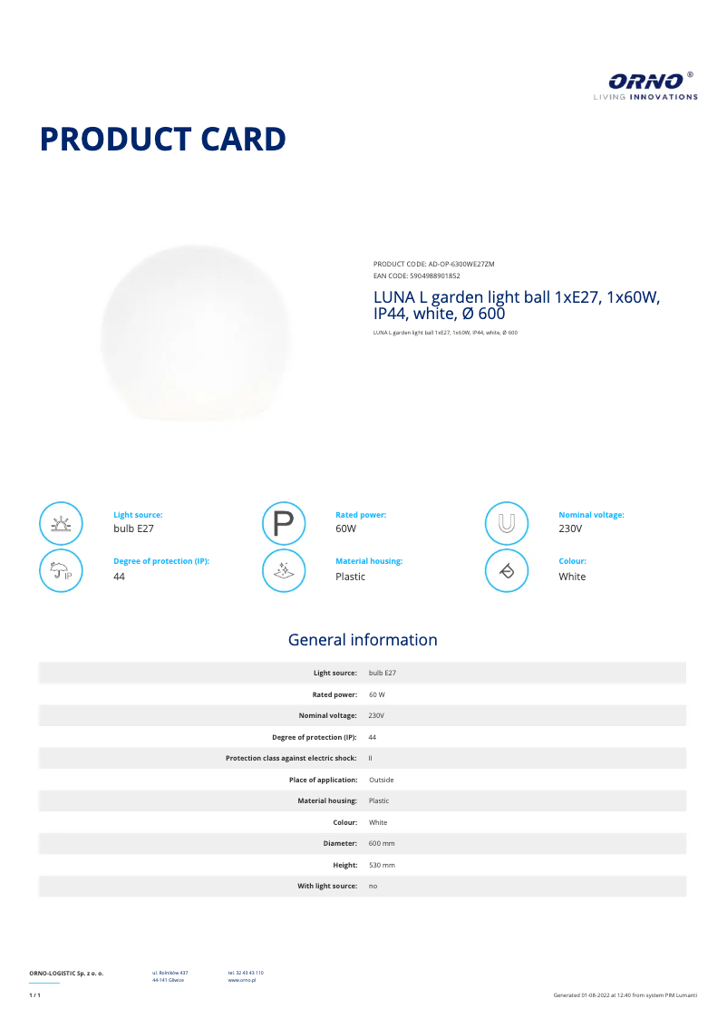 Page 1 de la notice Fiche technique Adviti AD-OP-6300WE27ZM