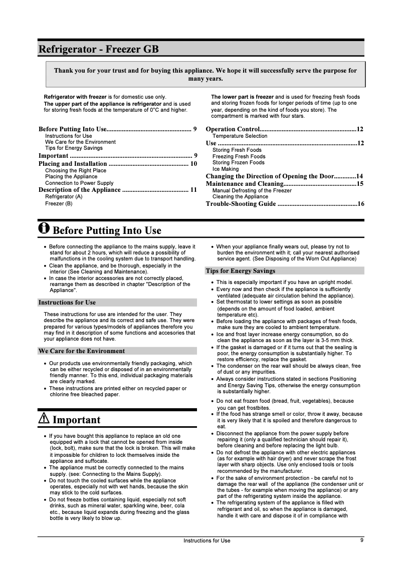 Page n°1 - Manuel utilisateur Gorenje K 287 MLB