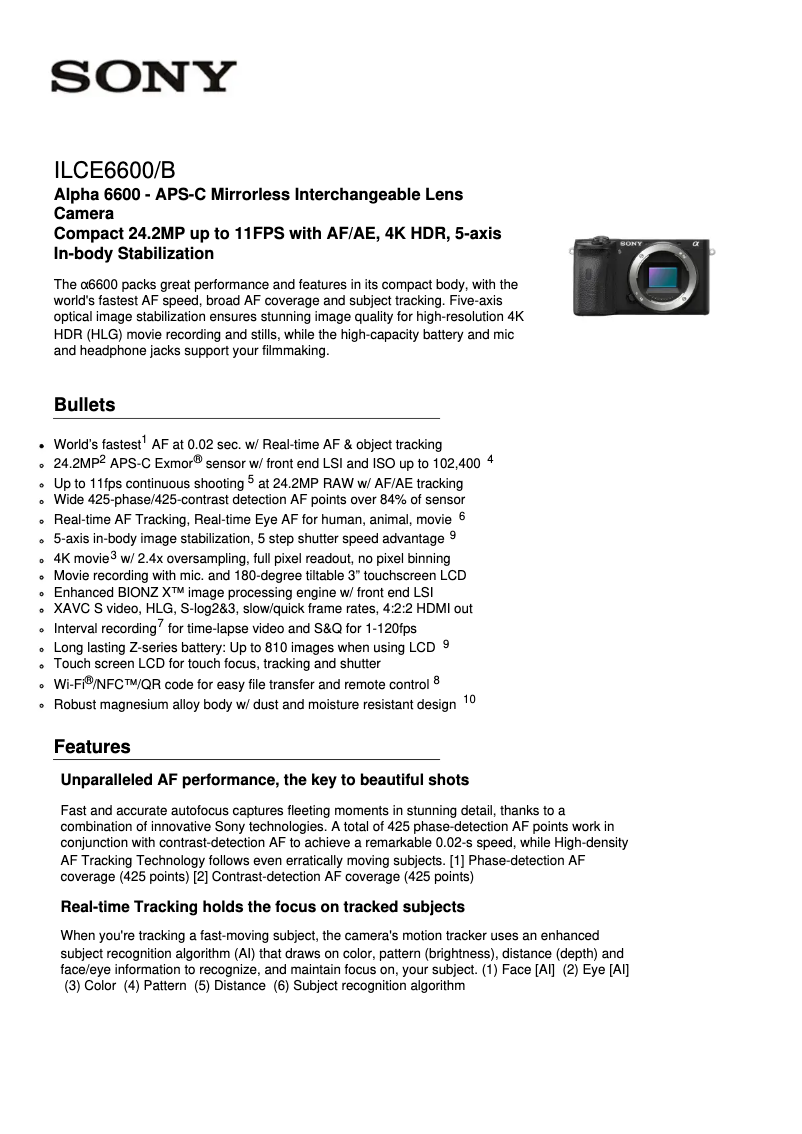 Page 1 de la notice Fiche technique Sony Alpha A6600