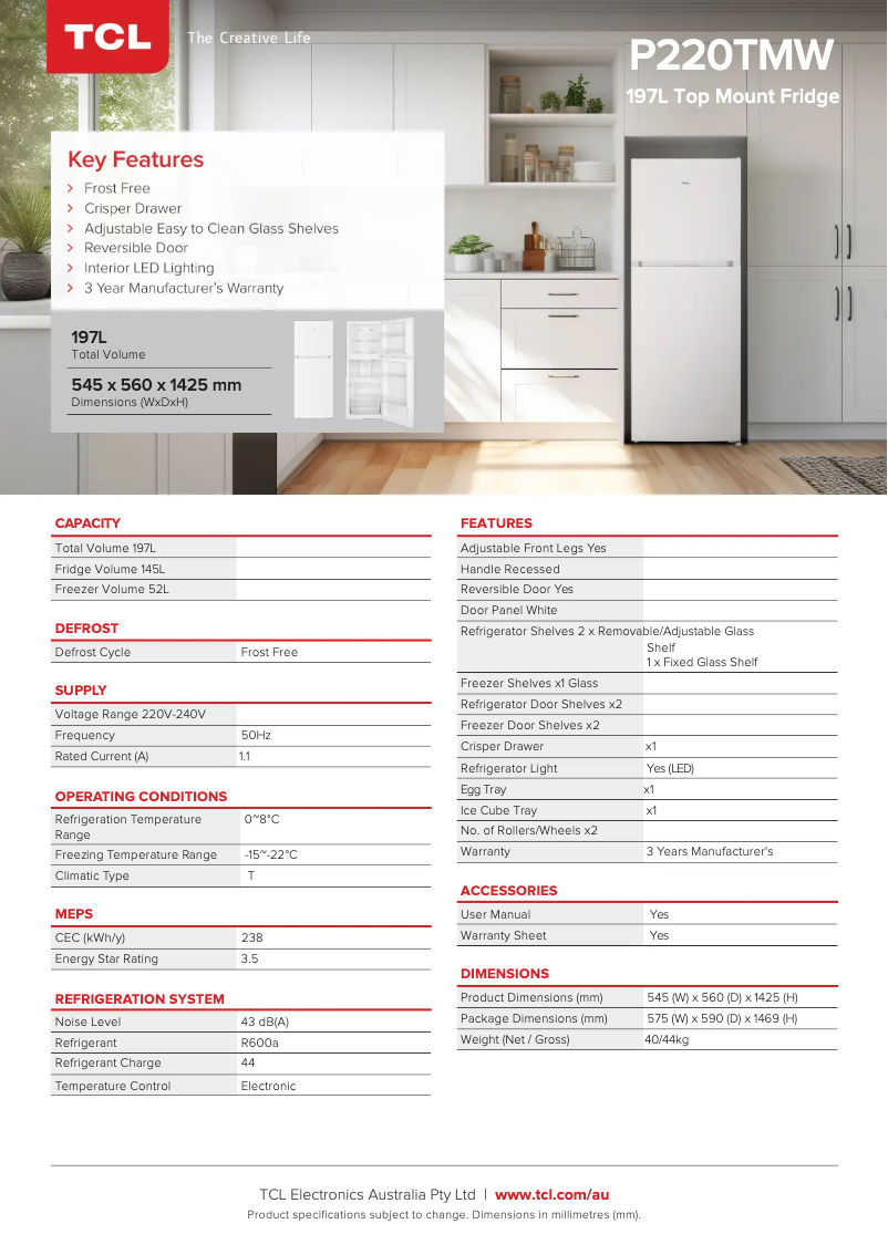 Page n°1 - Fiche technique TCL P220TMW