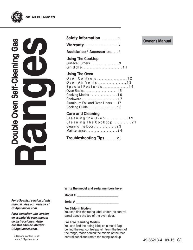 Page n°1 - Manuel d'utilisation et d'entretien GE PGS950SEFSS