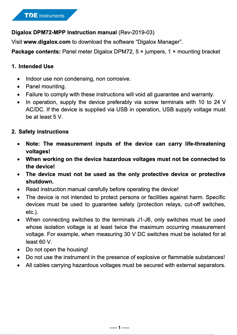 Page 1 de la notice Manuel utilisateur TDE Instruments Digalox DPM72-MPP