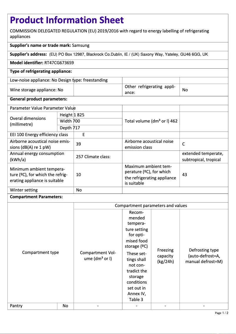 Page 1 de la notice Fiche technique Samsung RT47CG6736S9