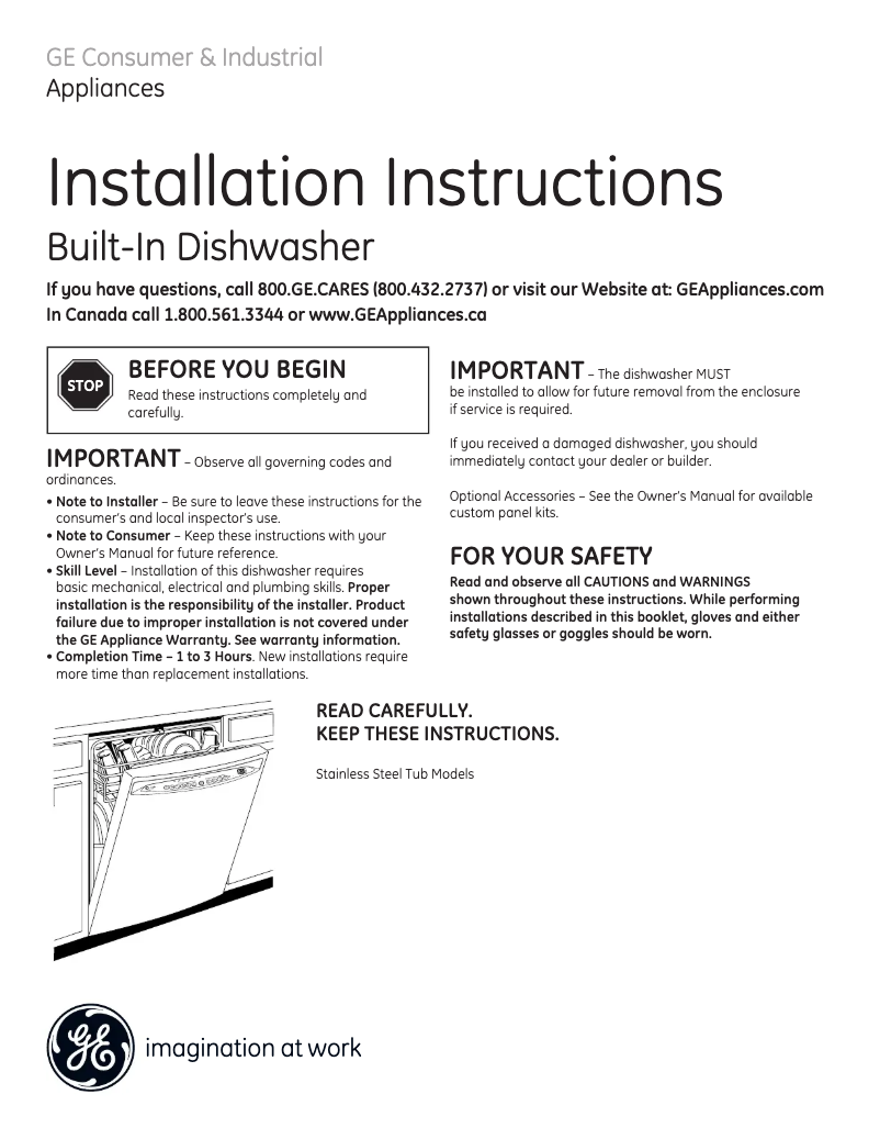 Page 1 de la notice Guide d'installation GE GDWT260RSS