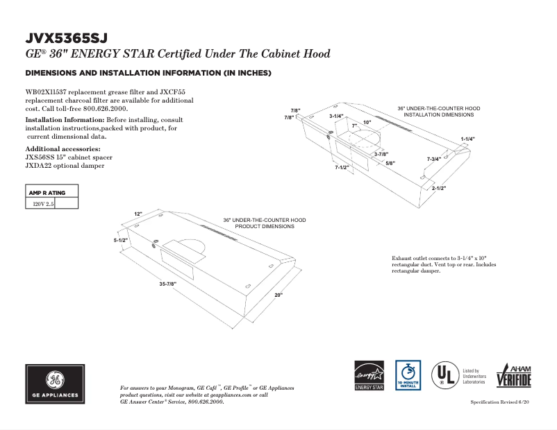 Page 1 de la notice Fiche technique GE JVX5365SJSS