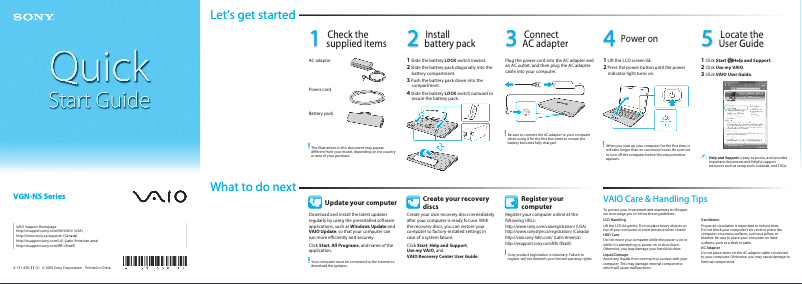 Page 1 de la notice Guide d'installation Sony Vaio VGN-NS295D