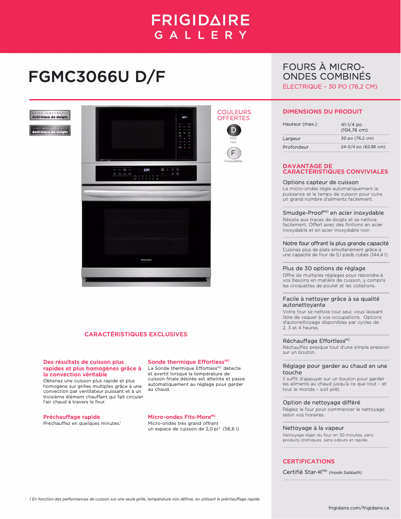 Page 1 de la notice Fiche technique Frigidaire FGMC3066UF