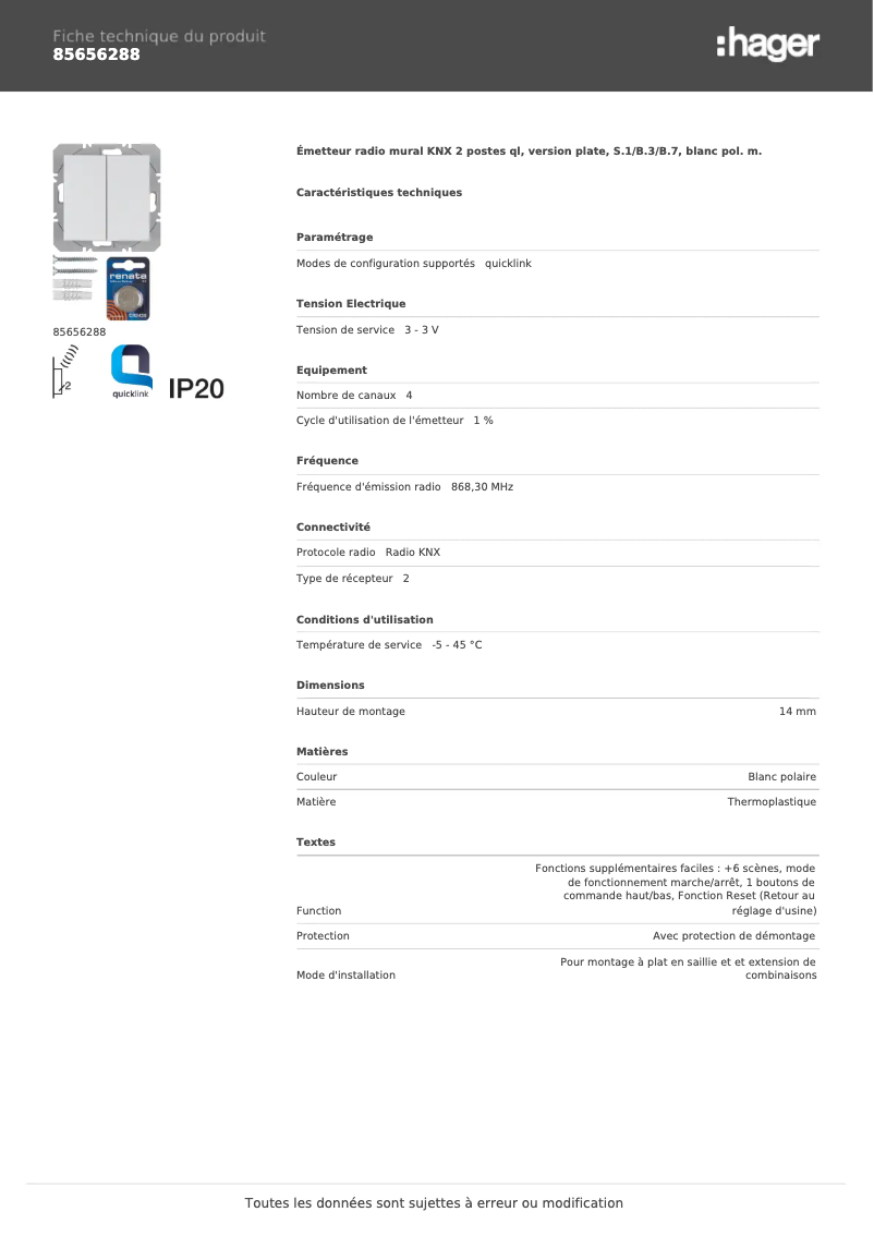 Page 1 de la notice Fiche technique Hager 85656288