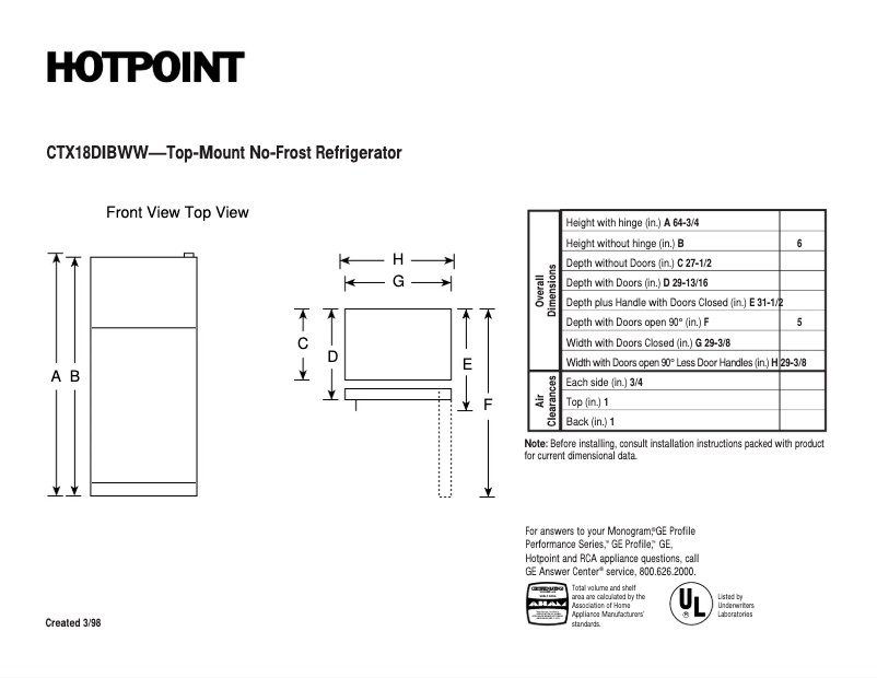 Página 1 del manual Ficha técnica Hotpoint CTX18DIBWW