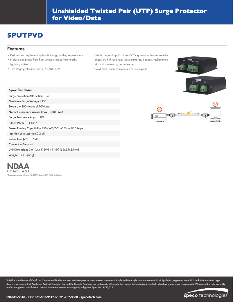 Page 1 de la notice Fiche technique Speco Technologies SPUTPVD