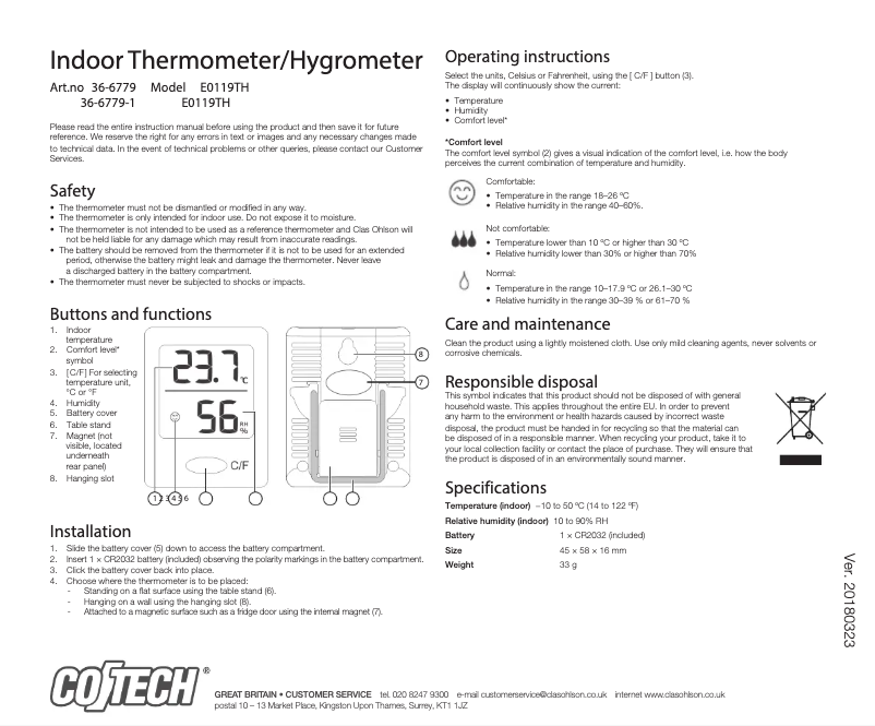 Page 1 de la notice Manuel utilisateur Cotech E0119TH