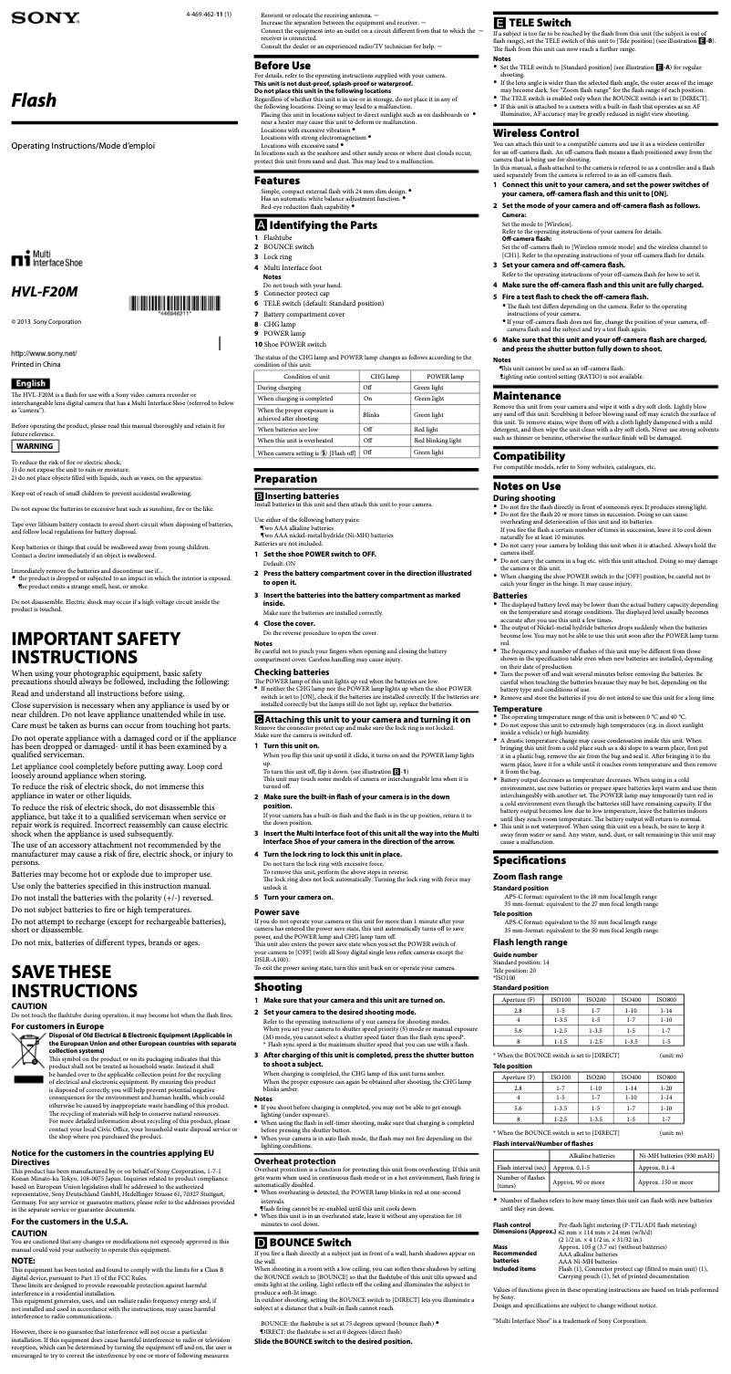 Page 1 de la notice Manuel utilisateur Sony HVL-F20M