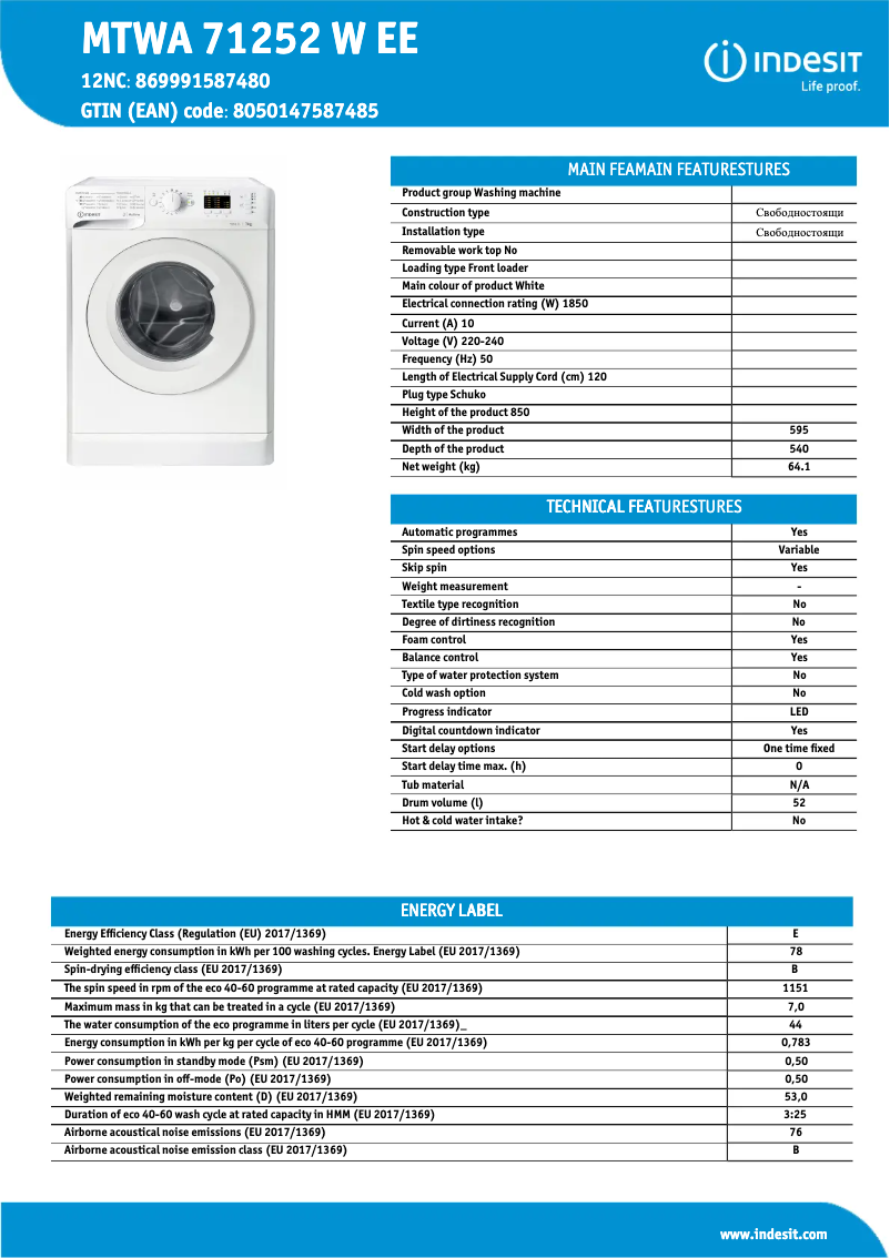Página 1 del manual Ficha técnica Indesit MTWA 71252 W EE