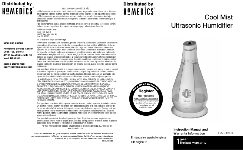 Página 1 del manual Manual de usuario Homedics Cool Mist HUM-CM50