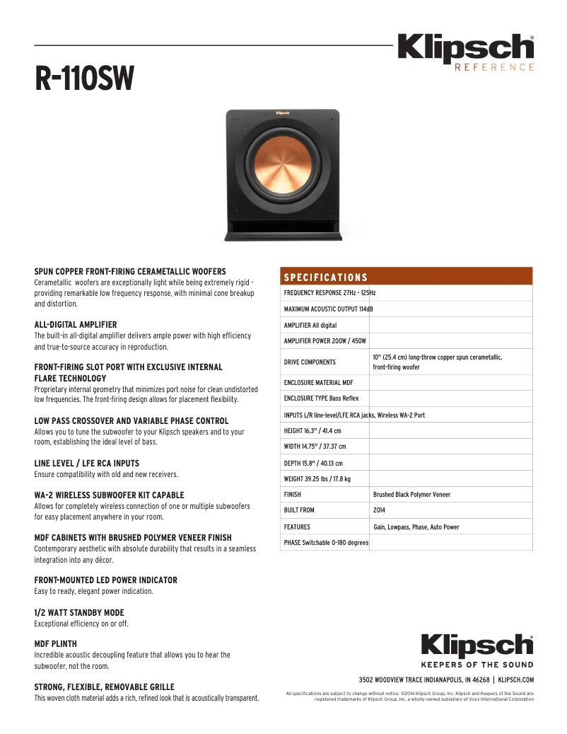 Page 1 de la notice Fiche technique Klipsch R-110SW