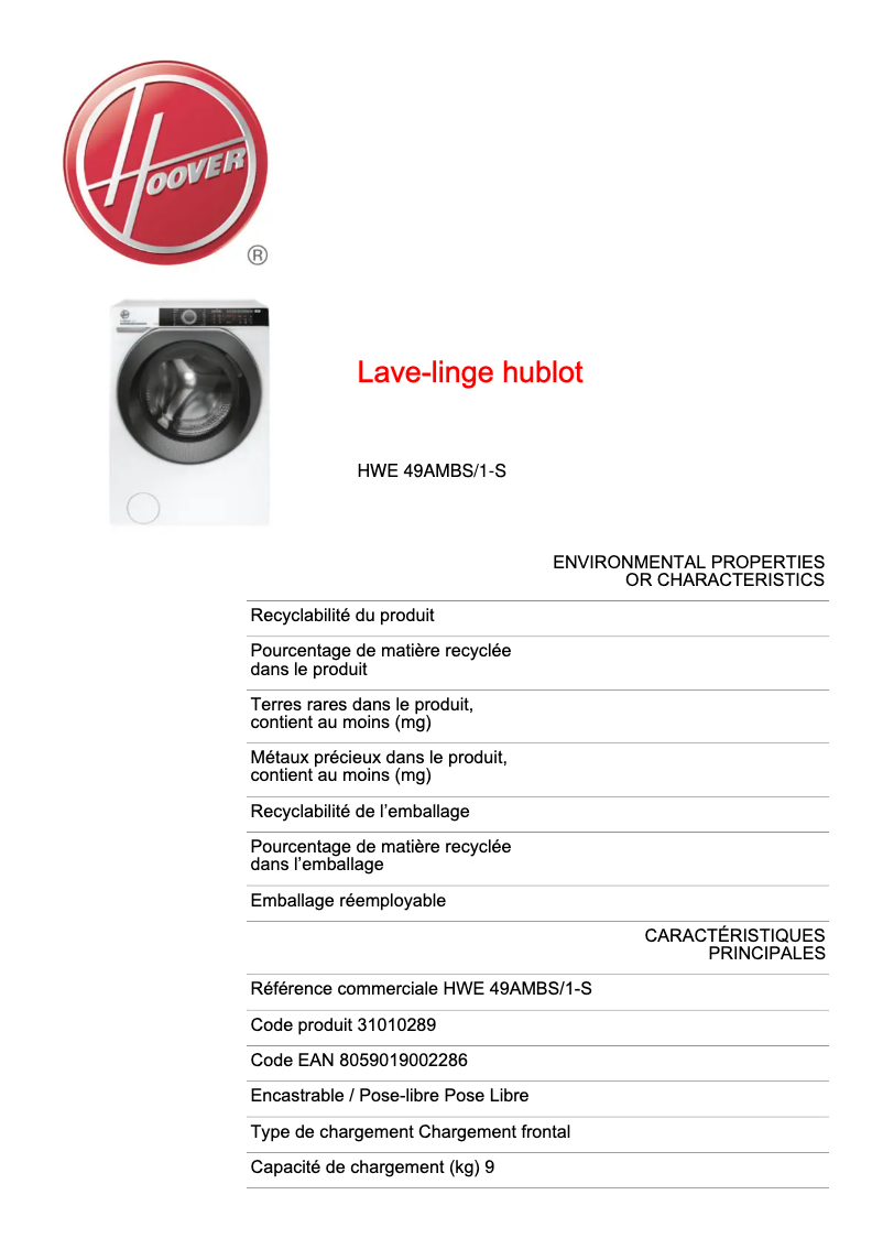 Page 1 de la notice Fiche technique Hoover H-WASH 500 HWE 49AMBS/1-S
