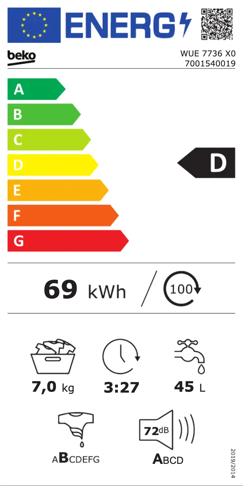 Page 1 de la notice Label énergétique Beko WUE 7736 X0