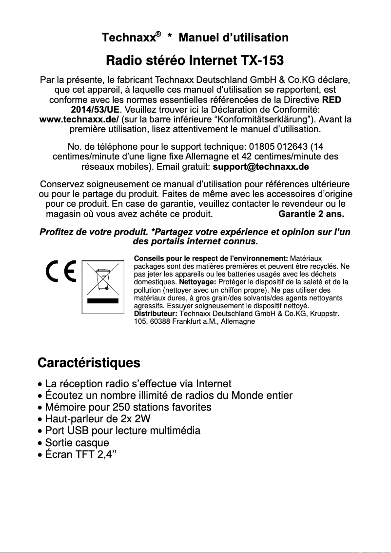 Page 1 de la notice Manuel utilisateur Technaxx TX-153