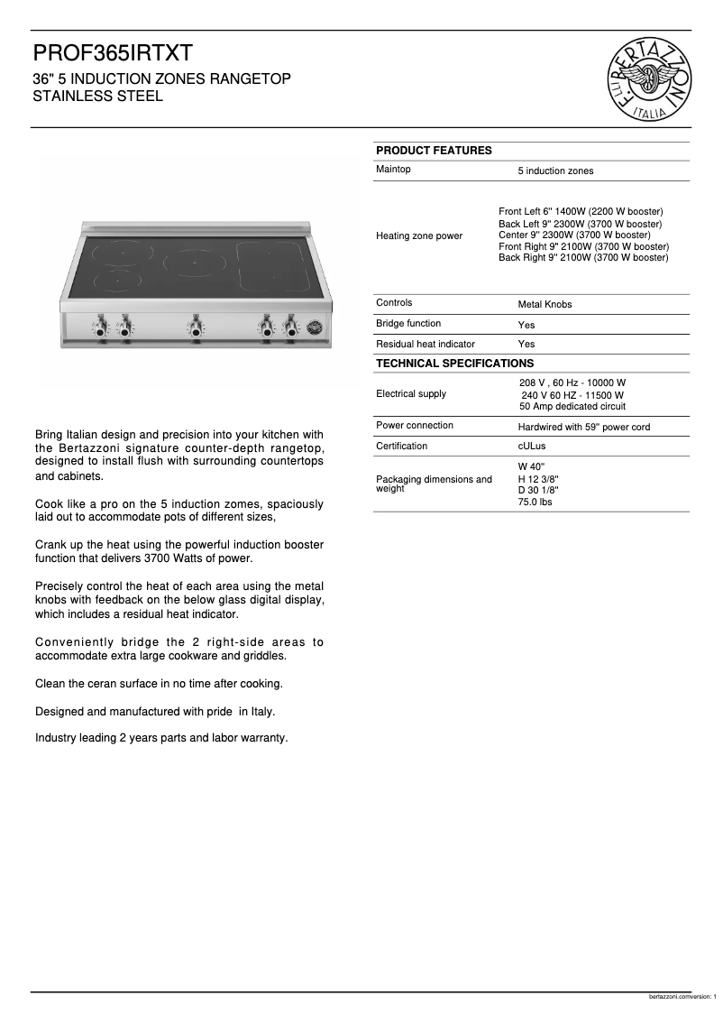 Page 1 de la notice Fiche technique Bertazzoni PROF365IRTXT