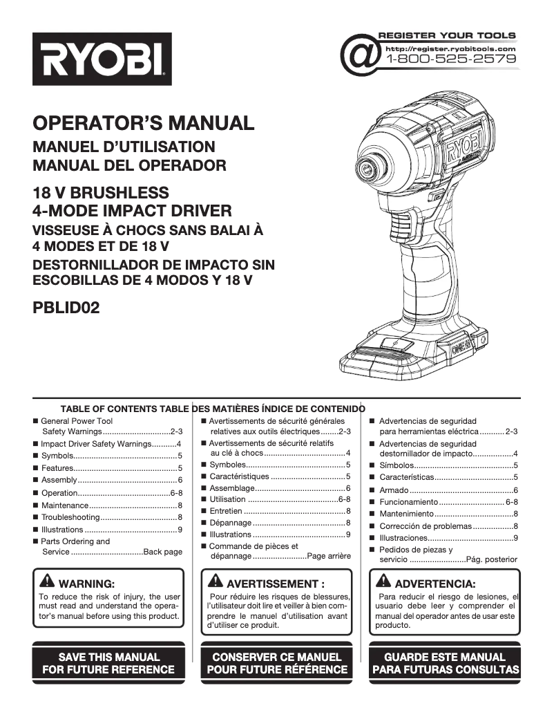 Page 1 de la notice Manuel utilisateur RYOBI One+ PBLID02