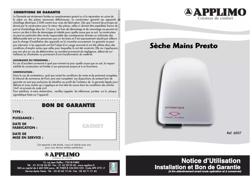 Page 1 de la notice Manuel utilisateur Applimo Presto (6007)