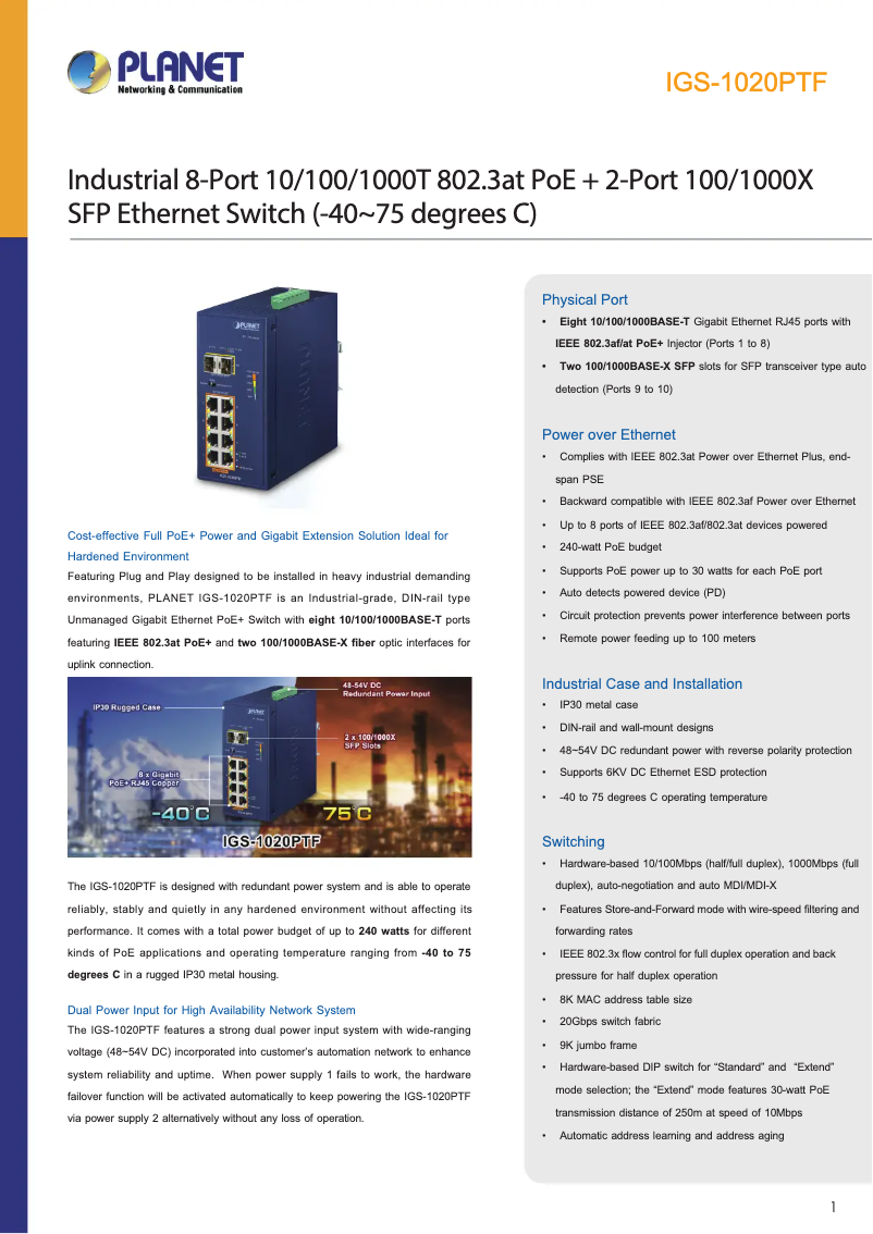 Page 1 de la notice Fiche technique Planet IGS-1020PTF