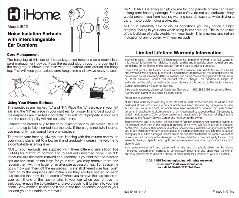 Page 1 de la notice Manuel utilisateur iHome iB25