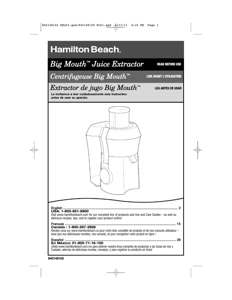 Page 1 de la notice Manuel utilisateur Hamilton Beach Big Mouth 67650
