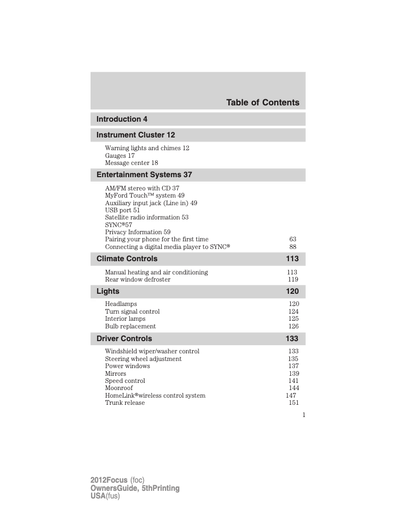Page 1 de la notice Manuel utilisateur Ford Focus (2012)