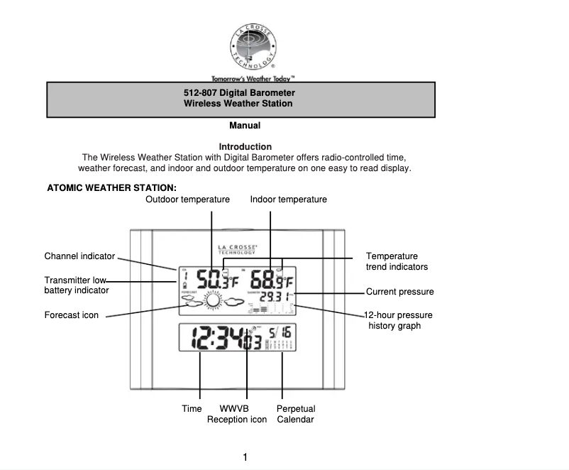 Page 1 de la notice Manuel utilisateur La Crosse Technology 512-807