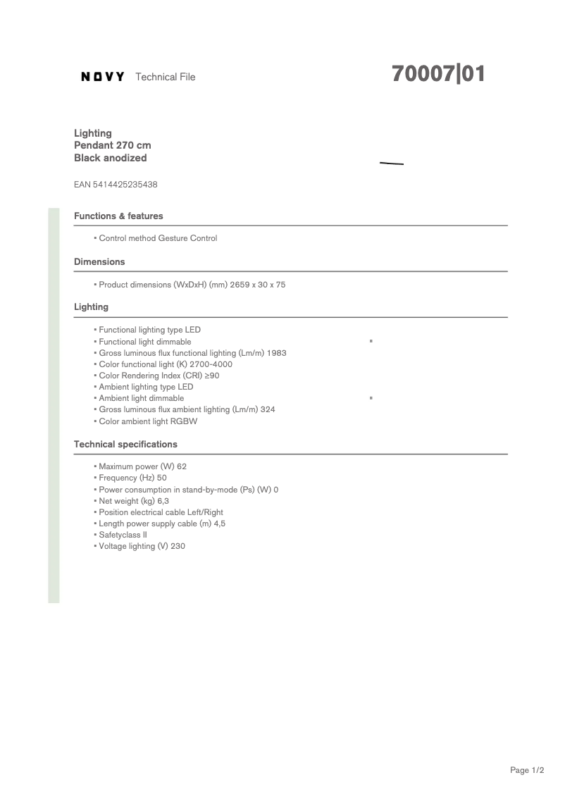 Page 1 de la notice Fiche technique Novy Pendant 70007