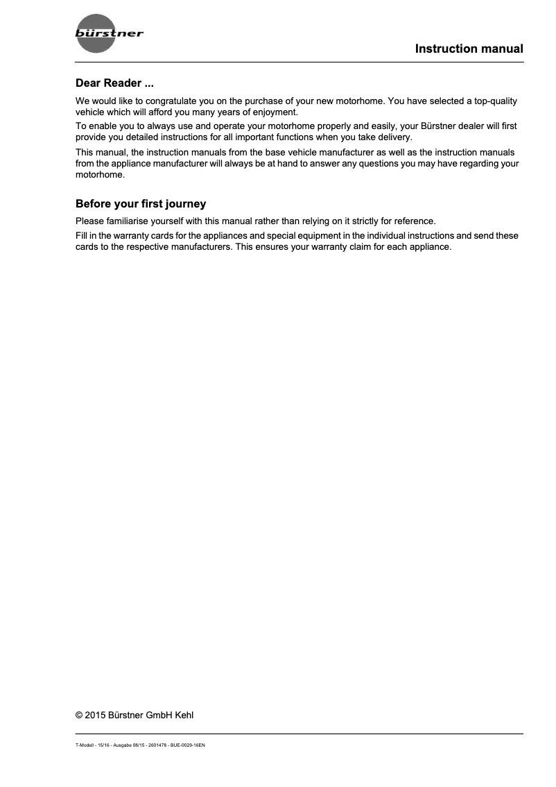 Page 1 de la notice Manuel utilisateur Bürstner T-Modell (2016)