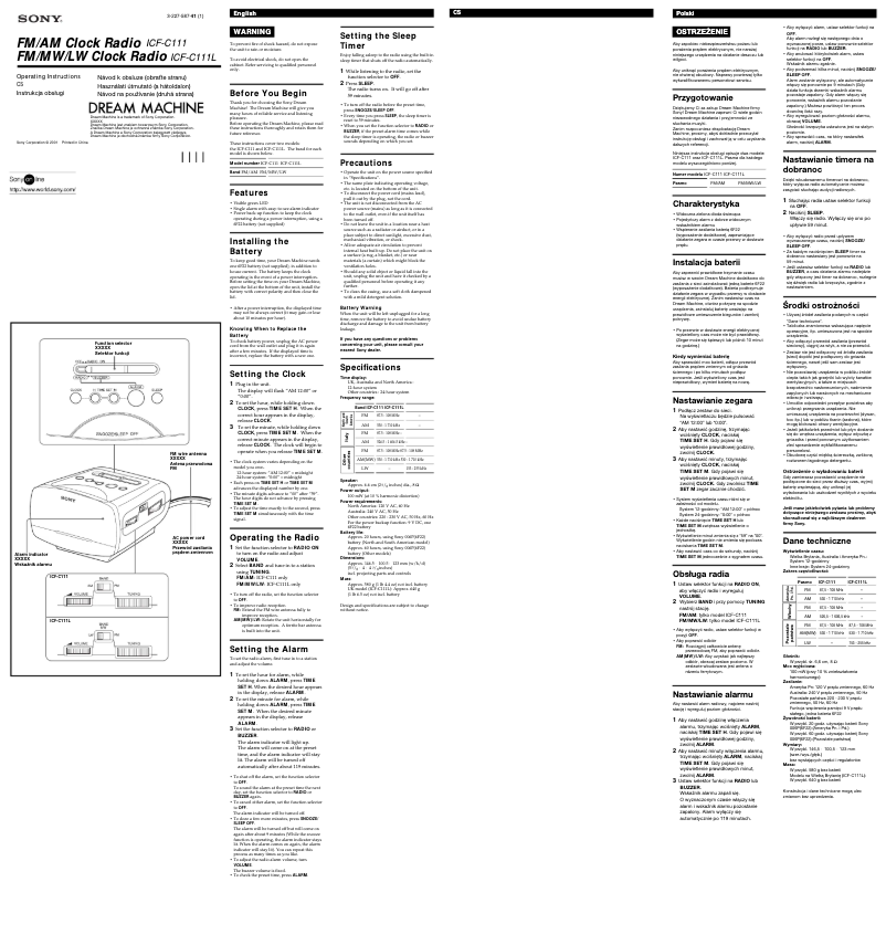 Page n°1 - Manuel utilisateur Sony ICF-C111L