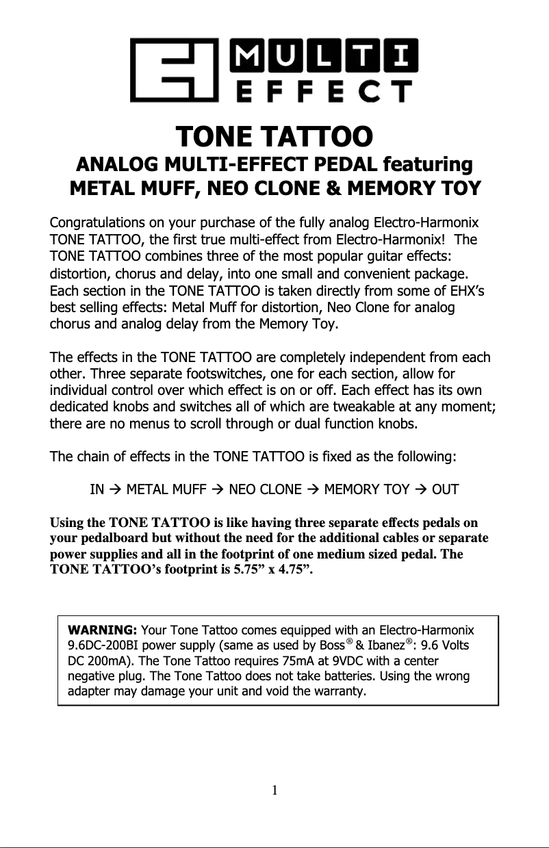 Page 1 de la notice Manuel utilisateur Electro Harmonix Tone Tattoo