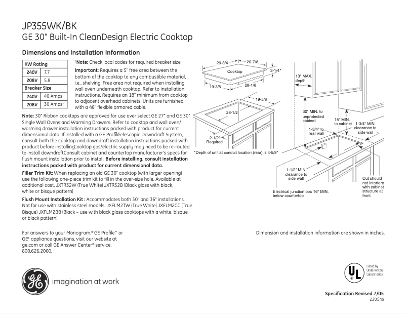 Page 1 of the manual Technical Sheet GE JP355TKWW