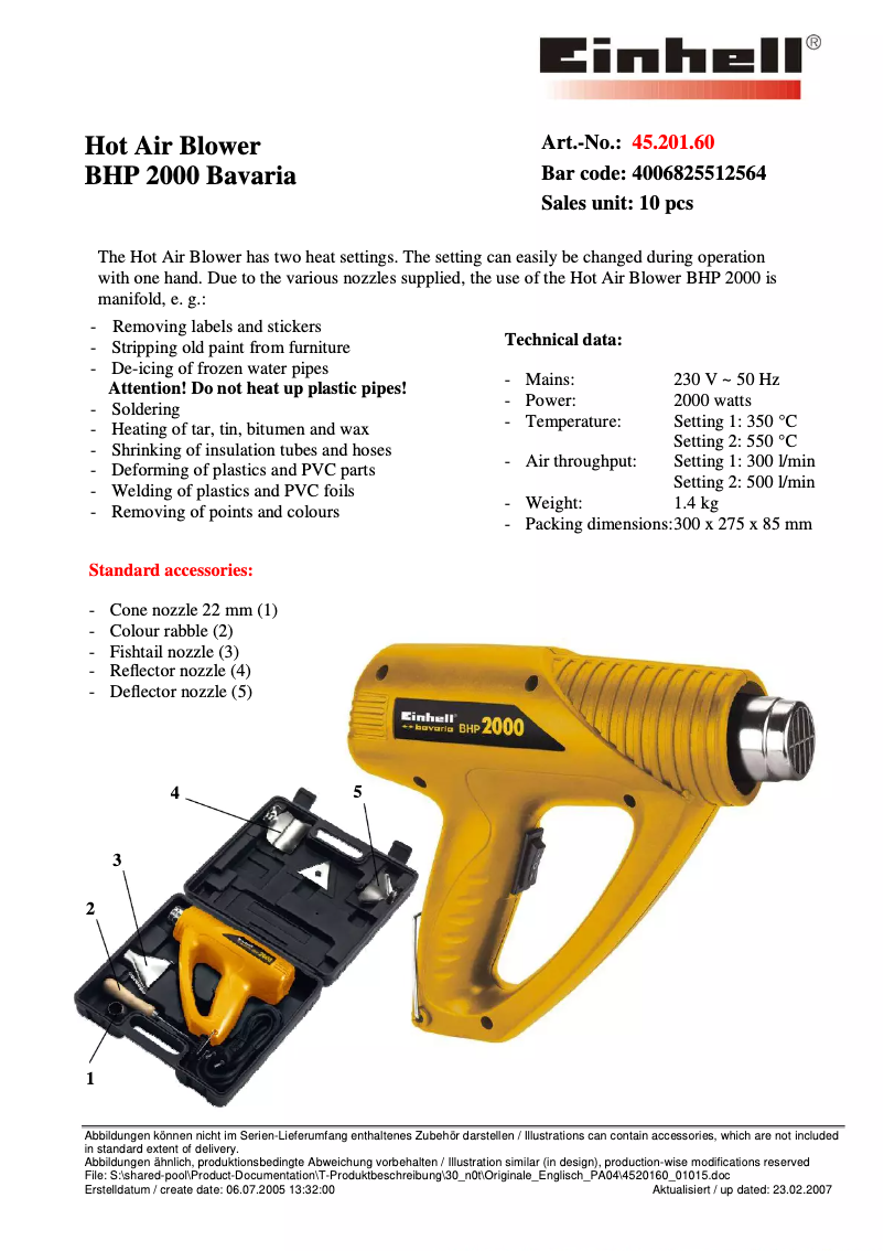 Page 1 de la notice Manuel utilisateur Bavaria by Einhell Bavaria BHP 2000