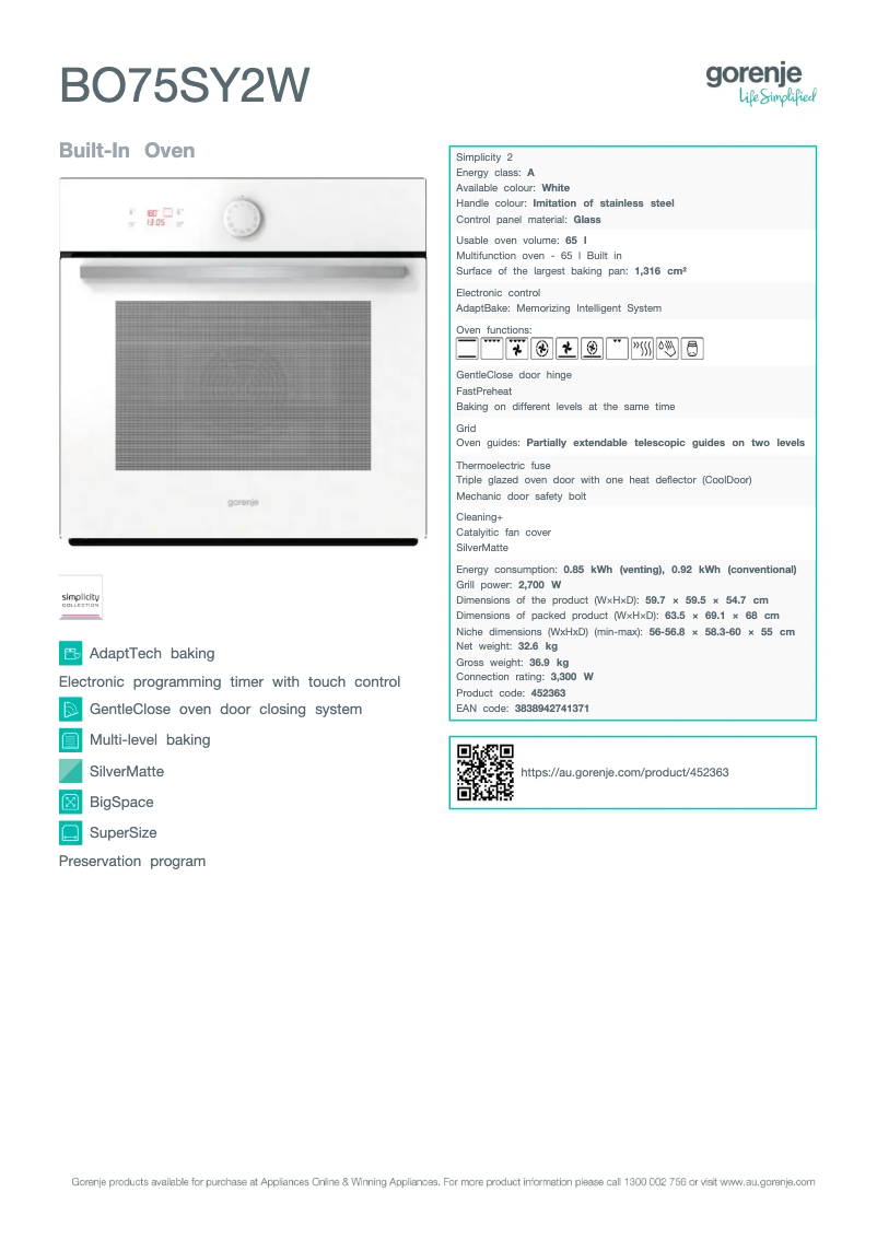 Page 1 de la notice Fiche technique Gorenje BO75SY2