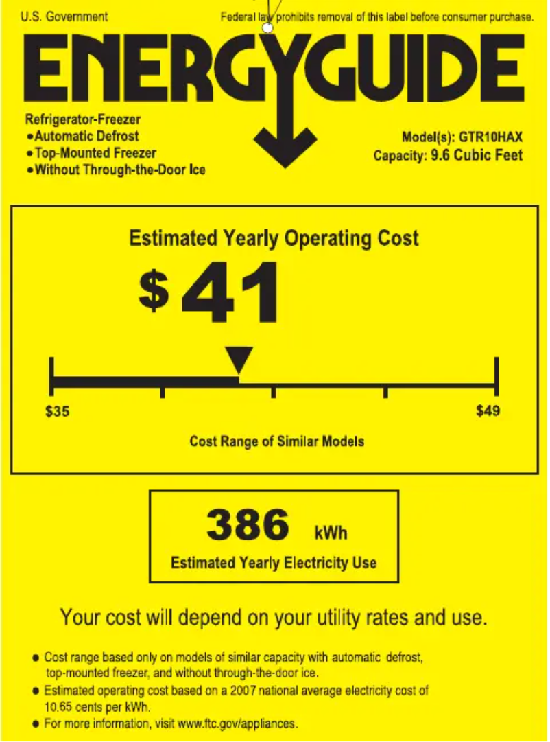 Page 1 de la notice Label énergétique GE GTR10HAXRWW