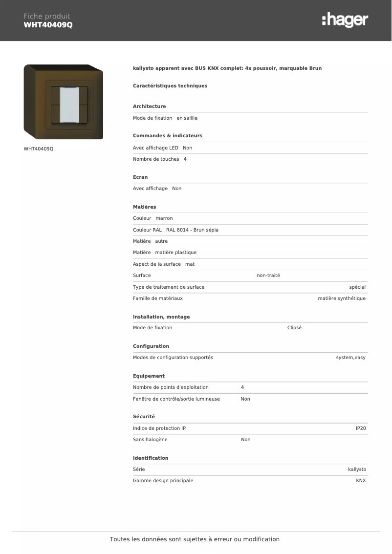 Page 1 de la notice Fiche technique Hager WHT40409Q