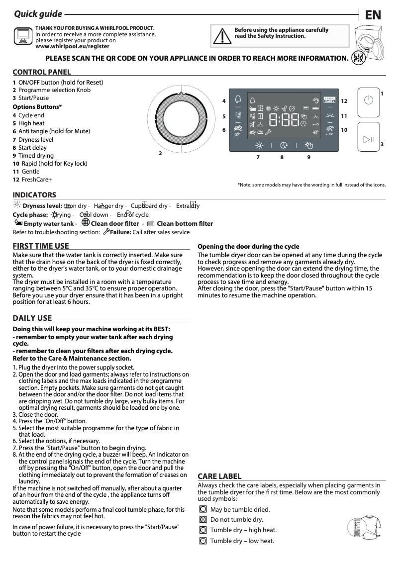 Página 1 del manual Manual de uso y mantenimiento Whirlpool FFT M22 9X3BX BE