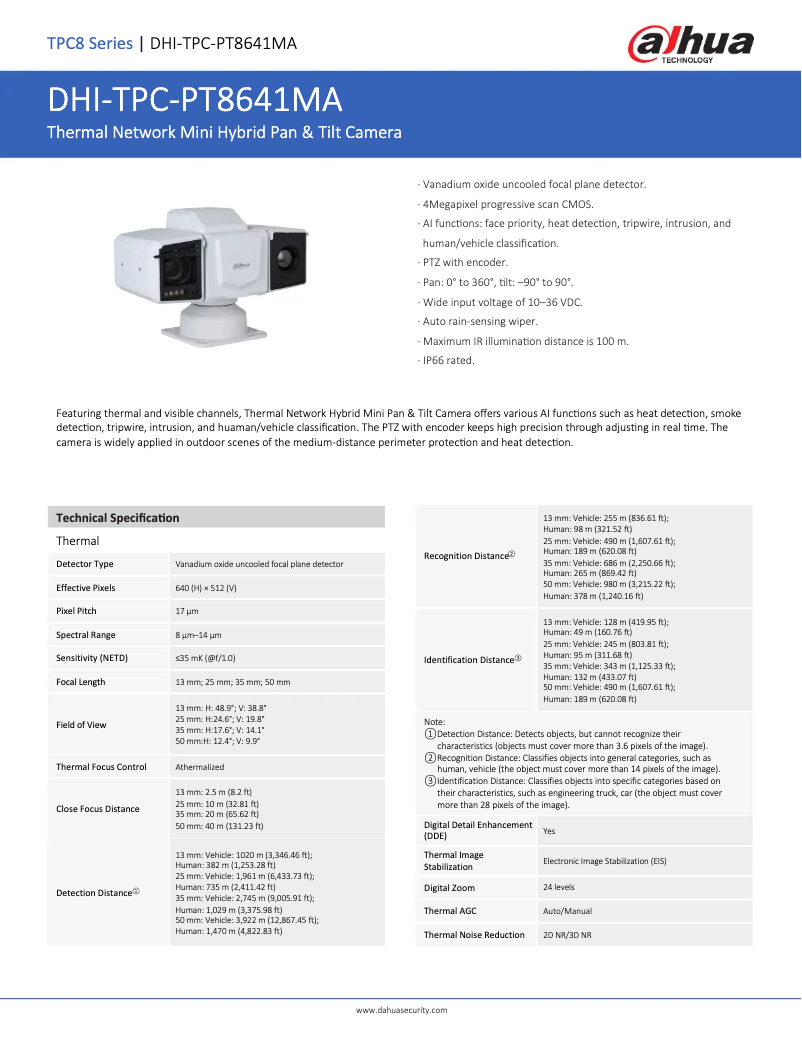 Page 1 de la notice Fiche technique Dahua Technology TPC-PT8641MA
