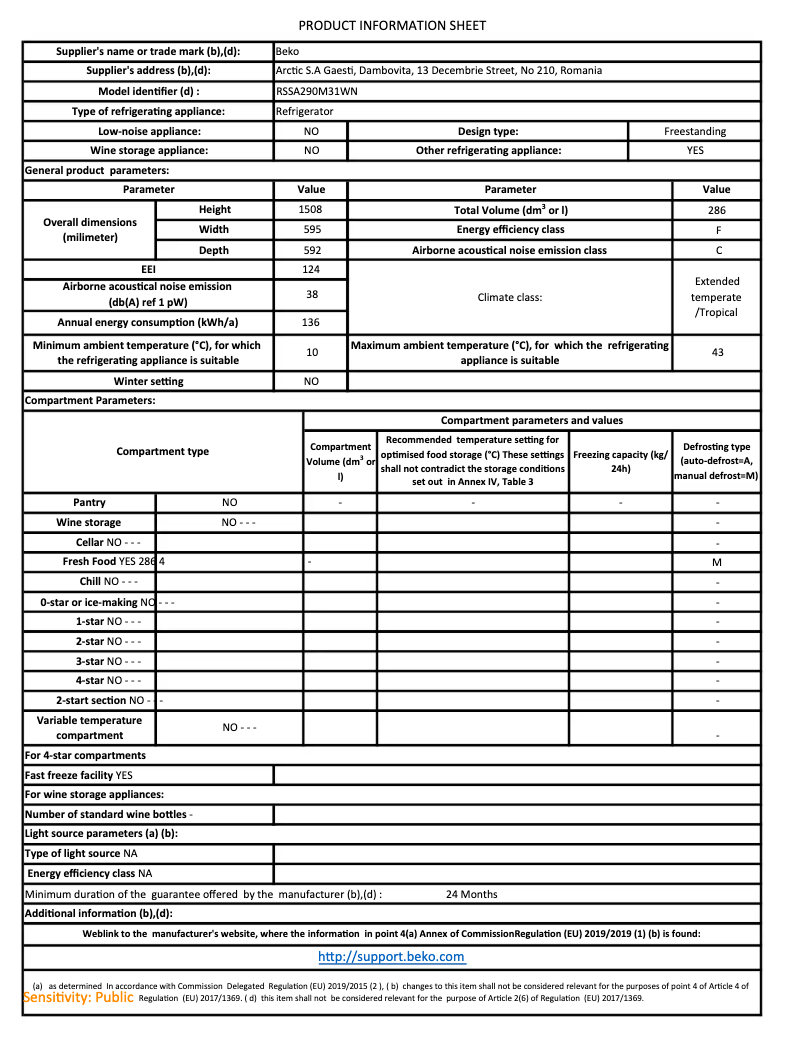Page 1 de la notice Fiche technique Beko RSSA290M31WN